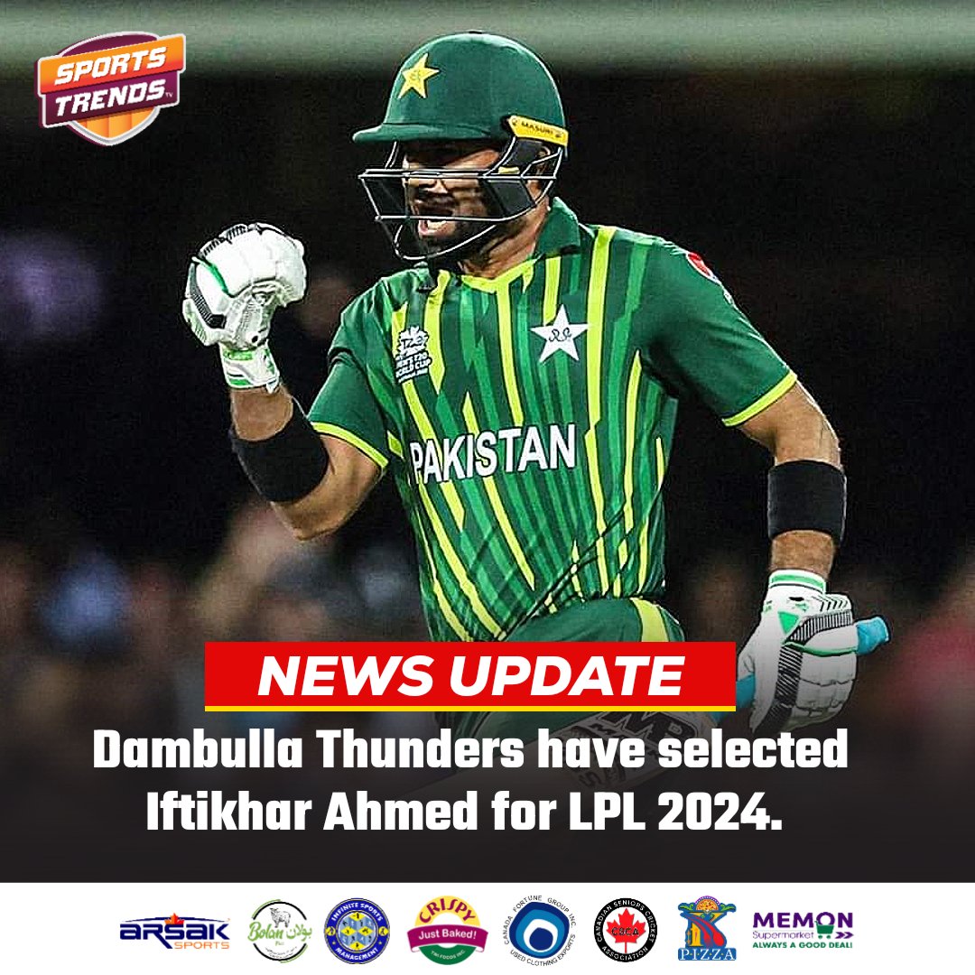 🚨 NEWS UPDATE 🚨 Dambulla Thunders have selected Pakistan’s power-hitting sensation Iftikhar Ahmed for LPL 2024. #Cricket #Pakistan #PakistanCricket #LPL2024 #LPLAuction #IftikharAhmed #T20WorldCup #T20WorldCup2024 #PAKvENG #PAKvsENG #SportsTrendsCan #SportsTrendsCanada
