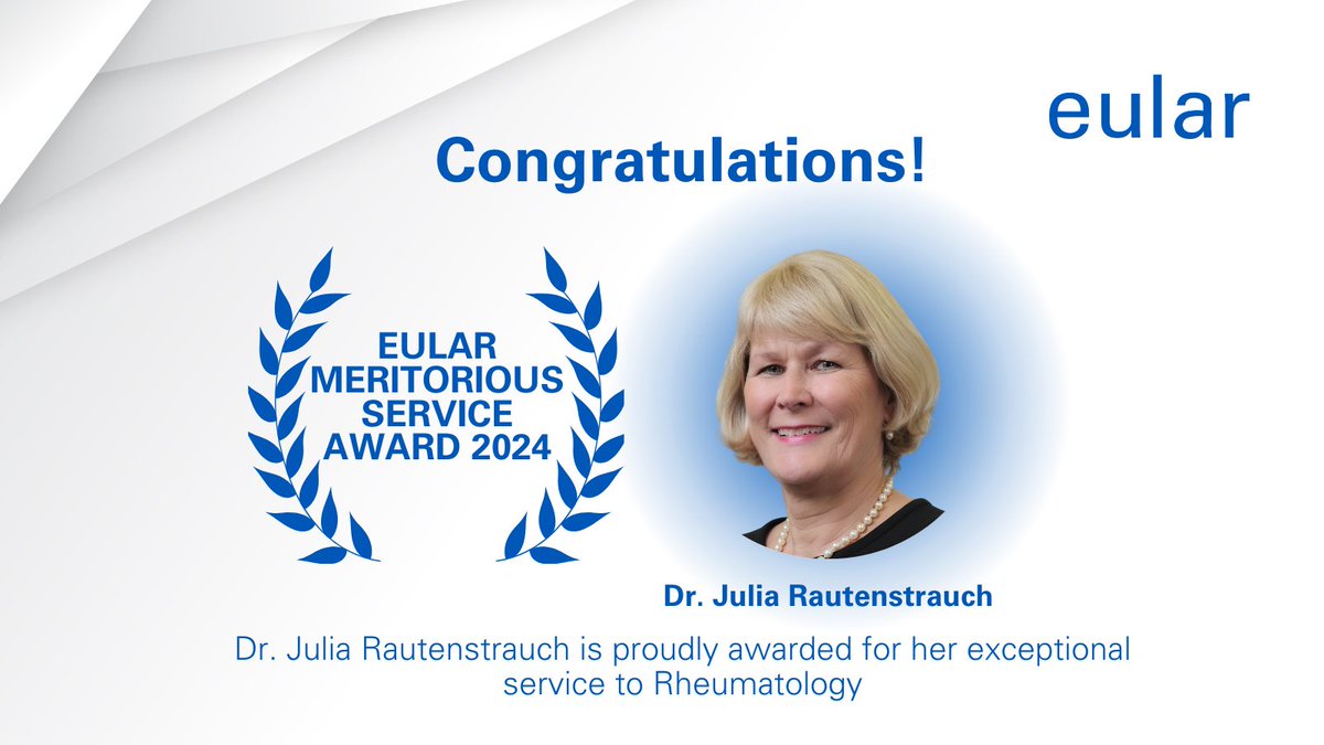 📢We are pleased to announce that Dr. Julia Rautenstrauch has been awarded the prestigious EULAR Meritorious Service Award 2024. 🤲Register to the EULAR 2024 Congress here: pulse.ly/wvpbe3hmf2 #EULAR2024