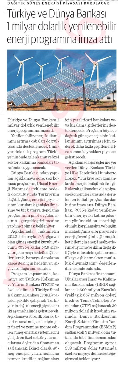 🇹🇷 Türkiye ve Dünya 🌍 bankası 1 Milyar dolarlık yenilenebilir enerji programına imza attı.
#smrtg #akfye #huner #karye #sayas  #cwene #alfas #yeotk ...
Kaynak: Nasıl bir Ekonomi