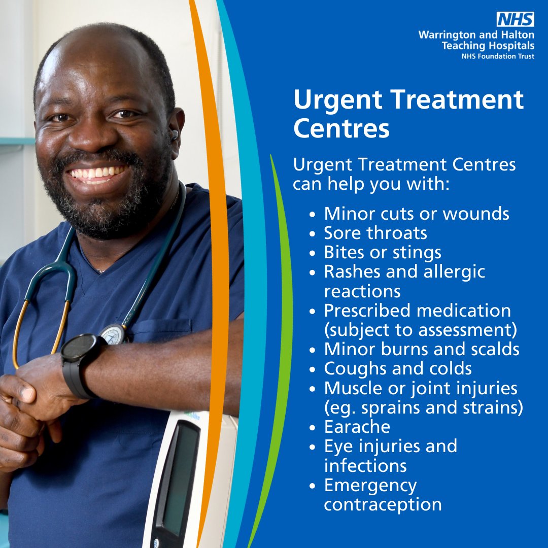 At Urgent Treatment Centres and Walk-In Centres you can be seen for a wide range of injuries and ailments that require urgent treatment but aren't life-threatening injuries. Please help to keep A&E free for emergencies.