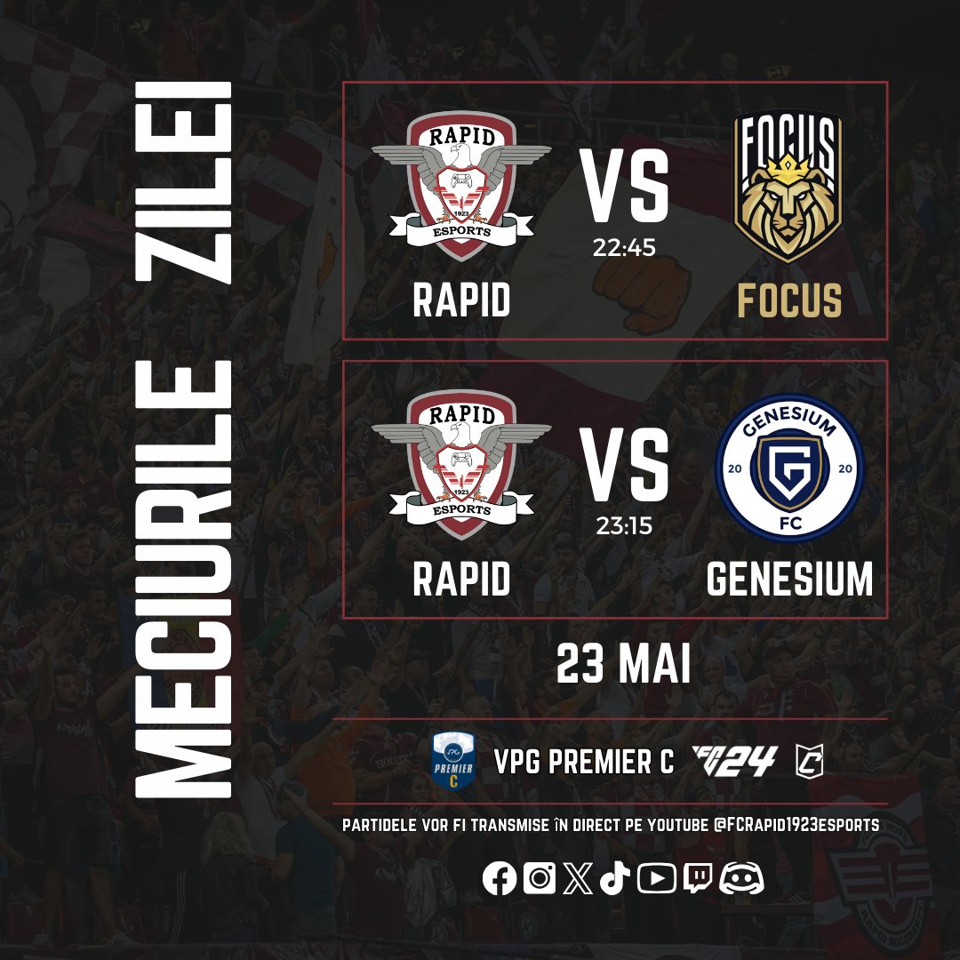 📅Thursday, May 23rd, 2024

🏆<a href="/VPGBalkan/">Virtual Pro Gaming Balkan™️</a>
🆚 <a href="/ScSopron/">SC Sopron SMAFC Esport</a> 🕑22:00
🆚 <a href="/Lokomotivaesp/">Lokomotiva eSport</a> 🕑22:25

🏆<a href="/VPGPremier/">VPG Esports Premier</a>
🆚 <a href="/FocusVFC/">Focus</a> 🕑22:45
🆚 <a href="/GenesiumFC/">Genesium FC ⚽️</a> 🕑23:15

Watch on YouTube: Rapid eSports TV.