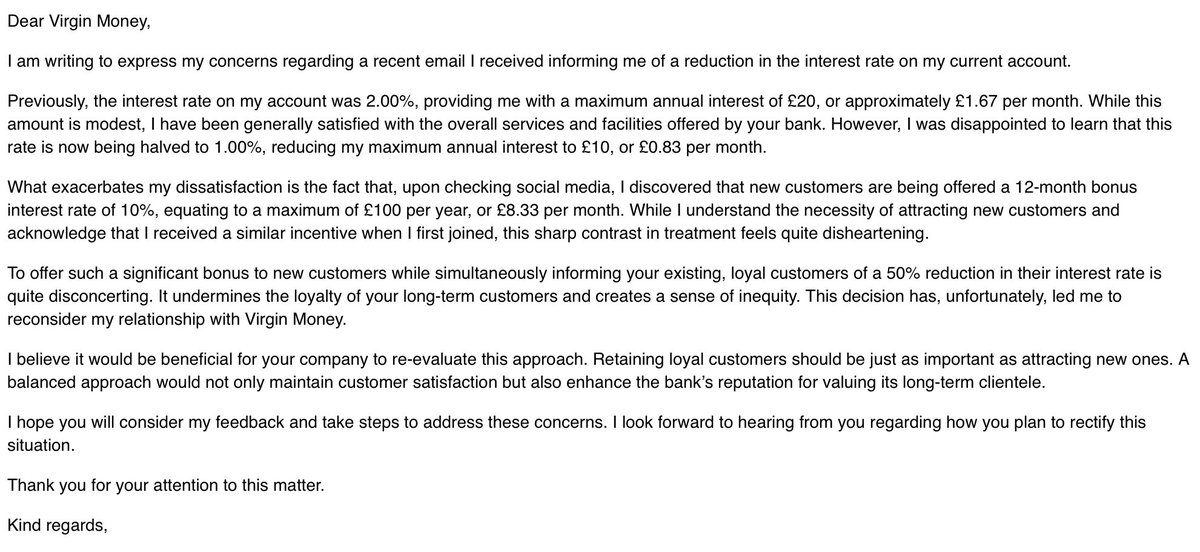 the_realrb's tweet photo. @VirginMoney I am extremely disappointed in the reduction in the rate on your current account at the same time as you are incentivising new customers to join. Loyalty means nothing to you and unfortunately trying to raise a complaint with the advisor in chat is difficult. https://t.co/n9rvxKy6m1