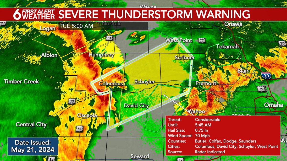 FIRST ALERT: A Severe Thunderstorm Warning is currently in effect for Platte, Butler, Colfax, Dodge, Cuming, Saunders counties until May 21 5:45AM. Check the WOWT First Alert Weather app and 6 News on air for more information.