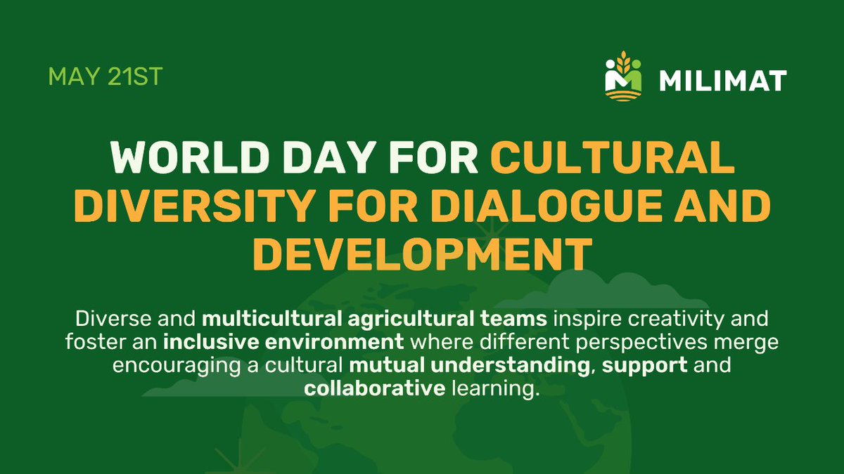 🌍 Today is #WorldDayForCulturalDiversity for Dialogue & Development!

At #MILIMAT, we celebrate the rich tapestry of cultures that the #MigrantWorkers bring to agriculture. Diversity strengthens teams & drives innovation 💡

Let's embrace multicultural collaboration! 🤝