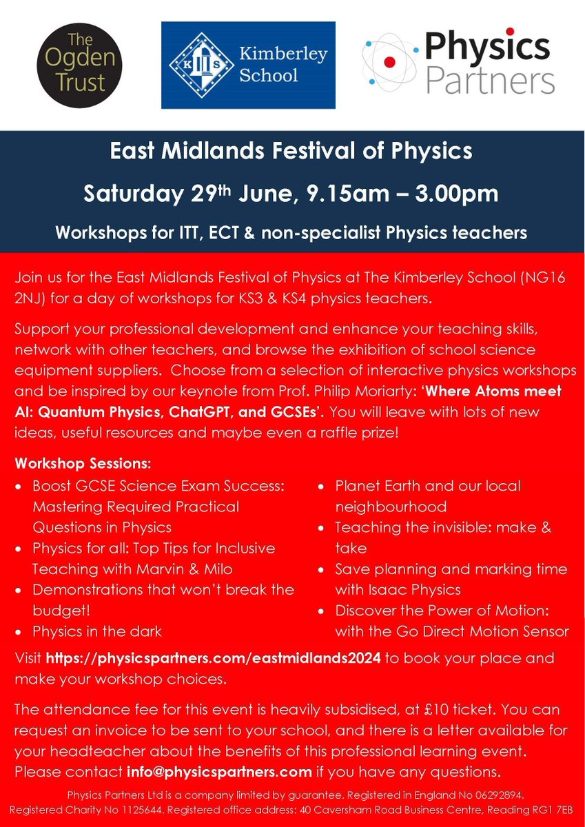 🚀 East Midlands Festival of Physics - Sat 29th June 🚀 

Join us for a day packed with insightful workshops & browse the exhibitors, including @dataharvestnews @isaacphysics @BrecklandSci @Philip_HarrisUK & Instruments Direct.

Book now: buff.ly/4dPBeg1 

#EMFP2024