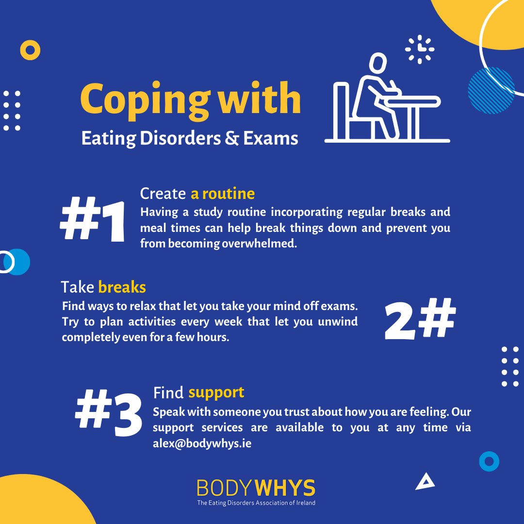 📚 Navigating exam stress whilst coping with an eating disorder can be overwhelming. Try to give yourself credit for getting through them, regardless of the outcome. Don’t allow yourself to become isolated by the eating disorder. We are here to support you. ✉alex@bodywhys.ie