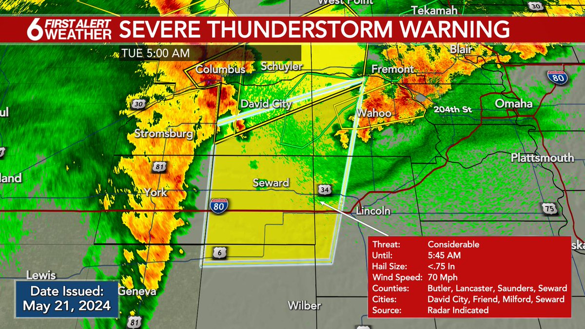 FIRST ALERT: A Severe Thunderstorm Warning is currently in effect for Seward, Butler, Saunders, Saline, Lancaster counties until May 21 5:45AM. Check the WOWT First Alert Weather app and 6 News on air for more information.