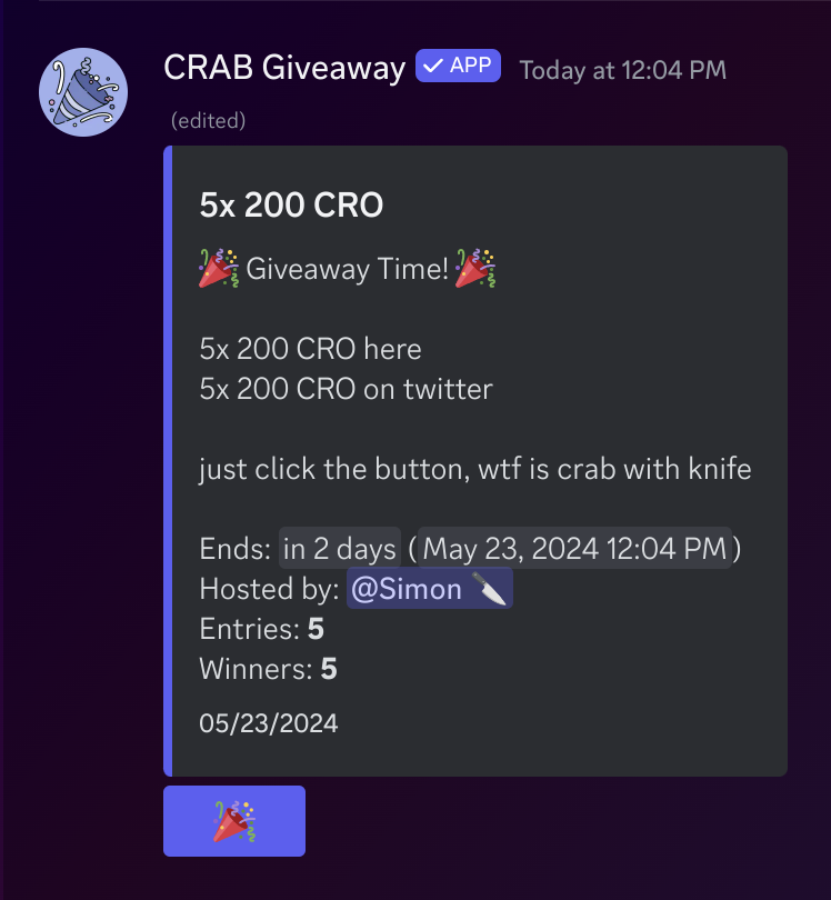 🦀GIVEAWAY TIME🦀

5x 200 CRO here - like, repost, tag 3 friends
5x 200 CRO on discord - discord.gg/26S76dYPZE

will last for 48 hours, wtf is crab with knife