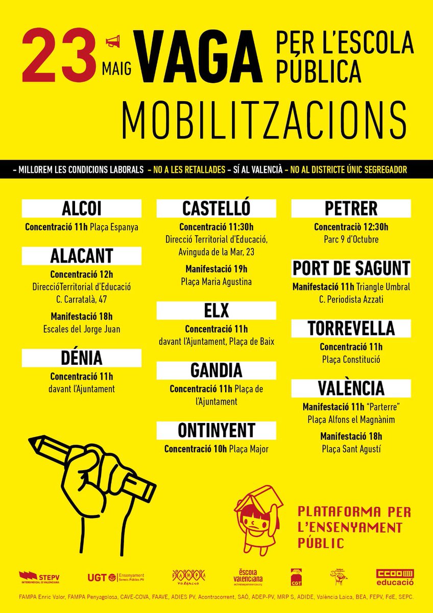 Tot el nostre suport a la vaga que ha convocat el professorat de la comunitat valenciana per al pròxim 23 de maig amb l'objectiu de defendre l'escola pública i la nostra llengua.

#Vaga23M