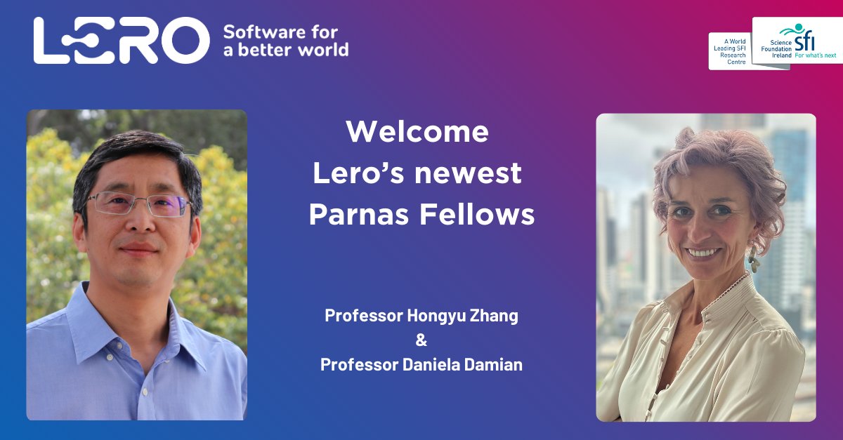 Lero, the @Scienceirel Research Centre for #Software, has announced Prof. Hongyu Zhang of @CQU1929, and Prof. Daniela Damian (@DanaHDamian) of @uvic, as the newest recipients of the prestigious David Lorge Parnas Fellowships. Read more➡️lero.ie/news-and-event…