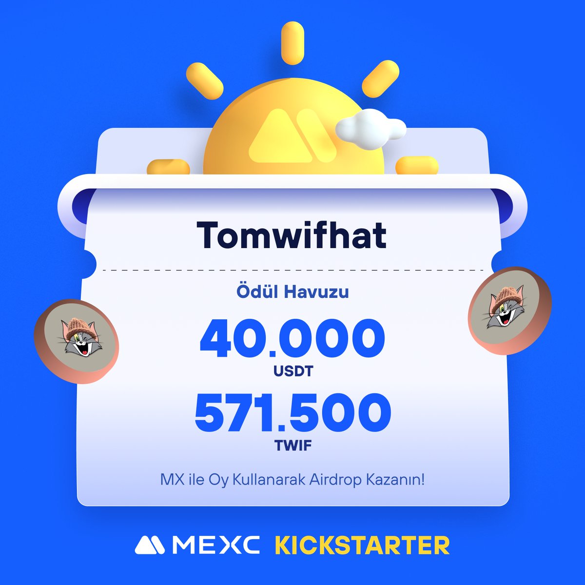 🚀 #MEXCKickstarter - @Tomwifcoin $TWIF Projesi için Oy Kullanın, 571.500 $TWIF ve 40.000 $USDT Airdrop Kazanın! 🗳️ Oylama Tarihi: 21 Mayıs 2024 15.00 - 22 Mayıs 2024 14.50 📌 Ayrıntılar: mexctr.info/3Kcnajo #MEXCTürkiye #MXToken #MX #BTC