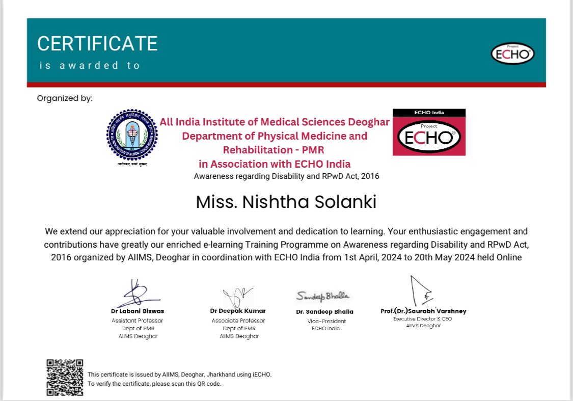 Many Congratulations to Nishtha Solanki for receiving the certificate of AIIMS ECHO Awareness regarding Disability and PWD Act.
#team_atikin #aiims #disability 
Cc: @dinesh_jaisingh @22nishtha
