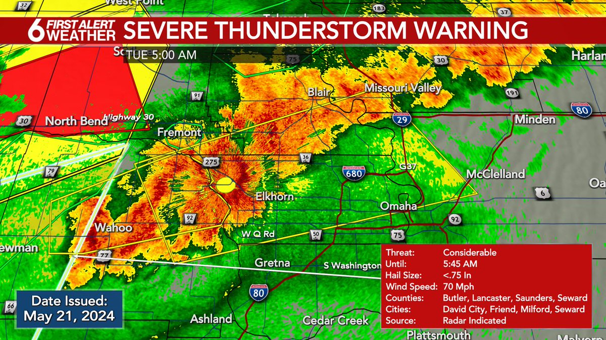FIRST ALERT: A Severe Thunderstorm Warning is currently in effect for Douglas, Saunders, Pottawattamie, Washington, Dodge, Harrison counties until May 21 6:00AM. Check the WOWT First Alert Weather app and 6 News on air for more information.