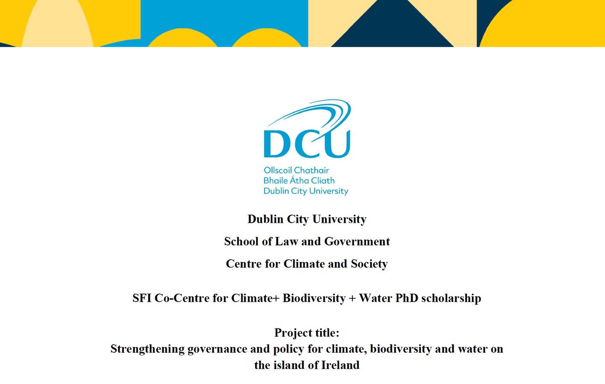 📢📢 fully #funded 4 years #PhD position available w/@ClimateCoCentre at @DCU 🤓🌱 @diarmuidtorney and I are looking for a PhD student to work on #governance & #policy of #climate #biodiversity & #water in #Ireland Closing date 14 June Details: dcu.ie/sites/default/…