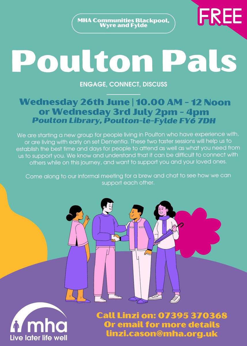 ☀️New group incoming! ☀️
We have 2 new dates added. The #Poulton Pals will take place on  26th June and 3rd July. This will be a peer supportive group and we welcome everyone to join in and make this a positive and vibrant experience for all with early on set Dementia. <a href="/yourMHA/">Methodist Homes (MHA)</a>