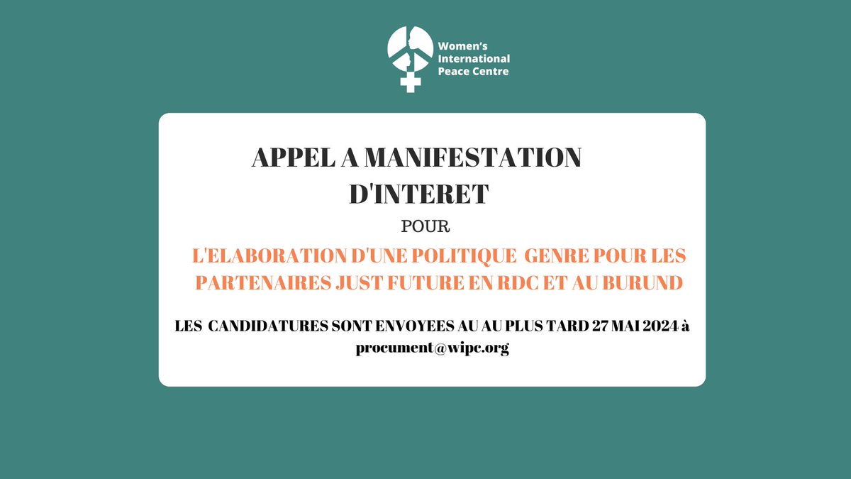TheWIPCentre's tweet photo. 📢Appel à manifestation d'intérêt!
@TheWIPCentre recherche des personnes qualifiées pour développer une politique de genre complète et efficace pour chacune des OSC partenaires de @Just_Future en RDC et au Burundi.

✍️Veuillez trouver plus de détails :👇
https://t.co/gj6RpOLMEu https://t.co/iAiBjLPM40