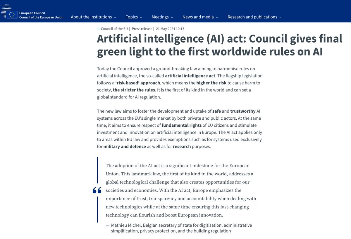 🚨BREAKING: The European Council gives final green light to the EU AI Act, but it's NOT enforceable yet. Here's what will happen next: ➵ In the coming days, the legislative act will be published in the EU’s Official Journal; ➵ 20 days after the publication in the EU’s