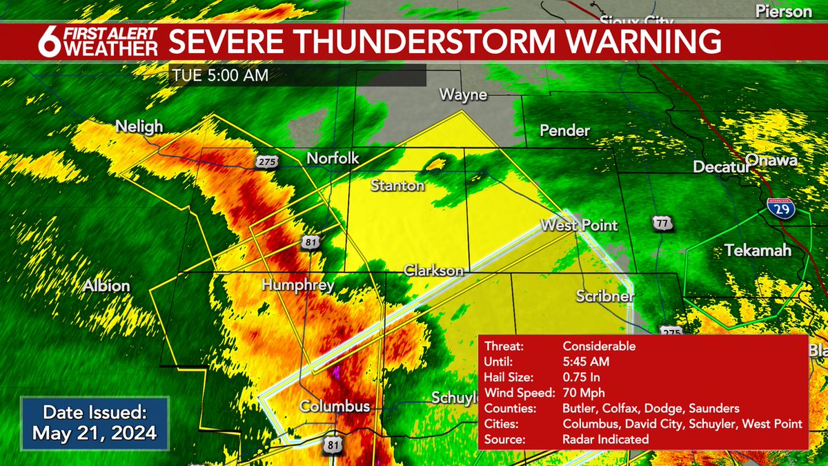 FIRST ALERT: A Severe Thunderstorm Warning is currently in effect for Platte, Madison, Cuming, Stanton, Colfax, Wayne counties until May 21 6:00AM. Check the WOWT First Alert Weather app and 6 News on air for more information.