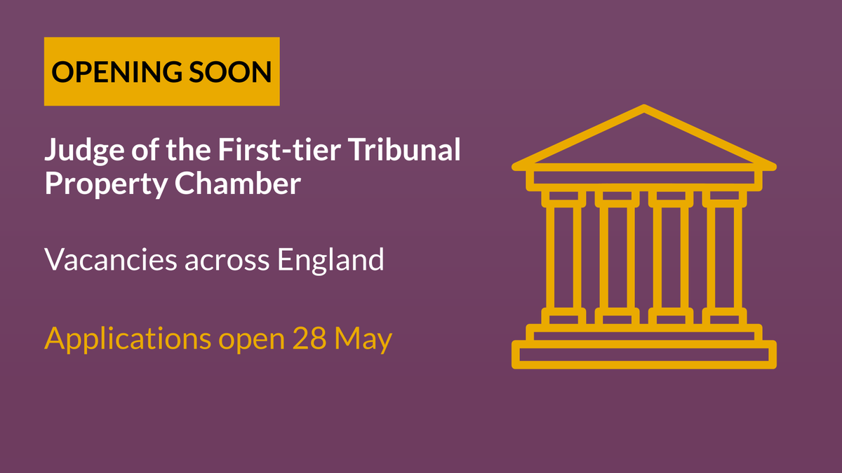 📢 OPENING SOON
🏠 Judge of the First-tier Tribunal Property Chamber
🗓️ Applications open Tues 28 May at 1pm
📍 Vacancies available across England
ℹ Suitable for salaried part-time working
More information 👇
apply.judicialappointments.digital/vacancy/V8EkKD…
Sign up for alerts 👇
eepurl.com/iMiBfc