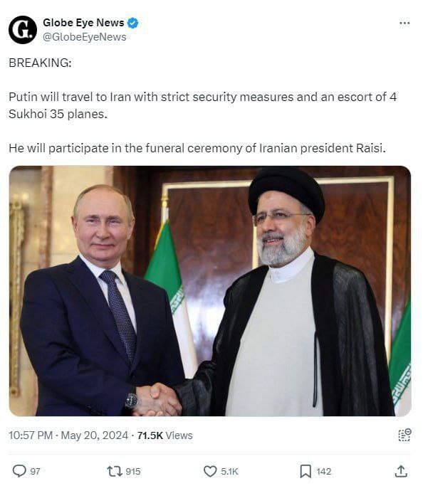 Putin camino a Irán Putin viaja a Irán con muchos guardias de seguridad y 4 escoltas Sukhoi 35 Después del martirio del Presidente y del Ministro de Asuntos Exteriores, los funcionarios de muchos países diferentes viajarán a Teherán