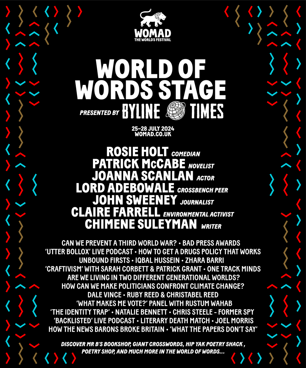 The line up for @WOMADfestival has LANDED!! 25th-28th July 📚🪩 Get your tickets here womad.co.uk/book-festival-… Featuring an unbeatable troop of Unbound authors... @ihussainwriter @ZahraBarri1 @Craftivists @SarahPCorbett @natalieben @gralefrit @johnmitchinson @BylineTimes