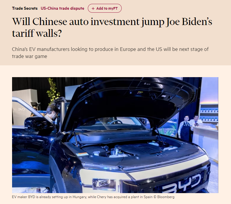 This week's Trade Secrets newsletter. The next stage of the EV trade war is Chinese automakers investing around the world to jump over tariff walls. The EU is welcoming them in. The US? Not clear, though Trump, interestingly, is keen. on.ft.com/44QFZ4W