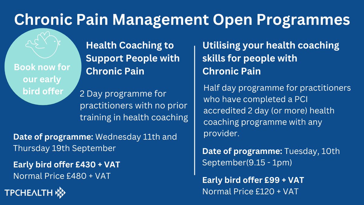 @TPCHealth (@tpchealth1) on Twitter photo We are excited to launch 2 new programmes with Professor <a href="/alf_collins/">alf collins</a> in Chronic Pain Management.
Details of our 2 day programme can be found here: tpchealth.com/events/2-day-c…
Details of our half day programme can be found here: tpchealth.com/events/half-da…
#healthcoaching #chronicpain We are excited to launch 2 new programmes with Professor <a href="/alf_collins/">alf collins</a> in Chronic Pain Management.
Details of our 2 day programme can be found here: tpchealth.com/events/2-day-c…
Details of our half day programme can be found here: tpchealth.com/events/half-da…
#healthcoaching #chronicpain