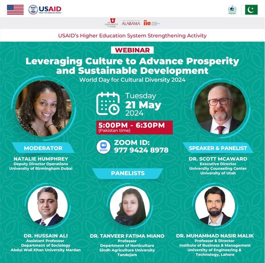 ‘Leveraging Culture to Advance Prosperity and Sustainable Development’ – a webinar hosted by USAID Pakistan’s Higher Education System Strengthening Activity (HESSA) on World Day for Cultural Diversity today at 5:00 p.m. To attend, register here: bit.ly/3Ka8mlb