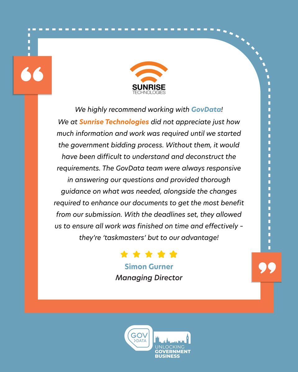 GovData Ltd (@govdataltd) on Twitter photo We always appreciate feedback from our clients!
It is a pleasure to have <a href="/SunriseMSP/">Sunrise Technologies</a> working with us as we look to further their journey into the Public Sector.
Here is what Managing Director, Simon Gurner, had to say about working with GovData. We always appreciate feedback from our clients!
It is a pleasure to have <a href="/SunriseMSP/">Sunrise Technologies</a> working with us as we look to further their journey into the Public Sector.
Here is what Managing Director, Simon Gurner, had to say about working with GovData.