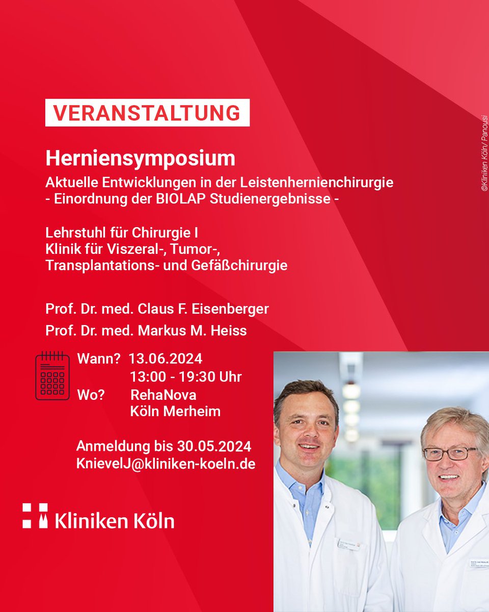 📅 Einladung zum Symposium: Erleben Sie die neuesten Fortschritte in der Leistenhernienchirurgie – von minimal-invasiven Techniken bis zu robotischen Verfahren. Jetzt anmelden und dabei sein! kliniken-koeln.de/templates/docu…