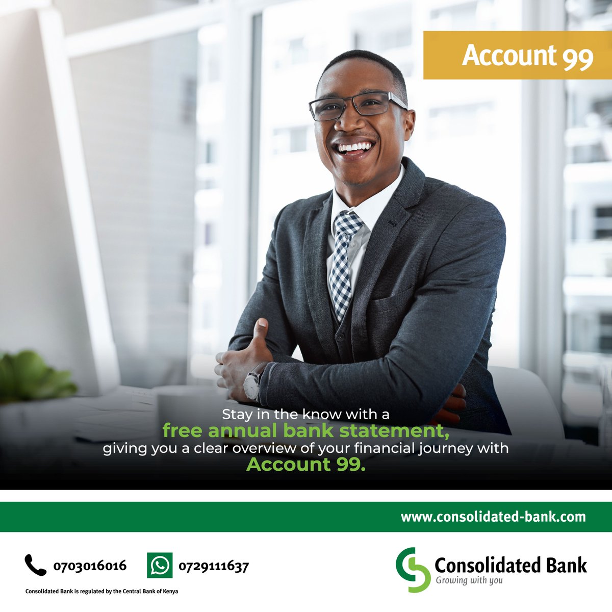 consolidatedKe's tweet photo. Stay in the know with a free annual statement giving you a clear overview of your financial journey with our #Account99! Enjoy zero charges when using your MasterCard Debit card at POS machines.

#TusongePamoja https://t.co/Ot5co0rYzI