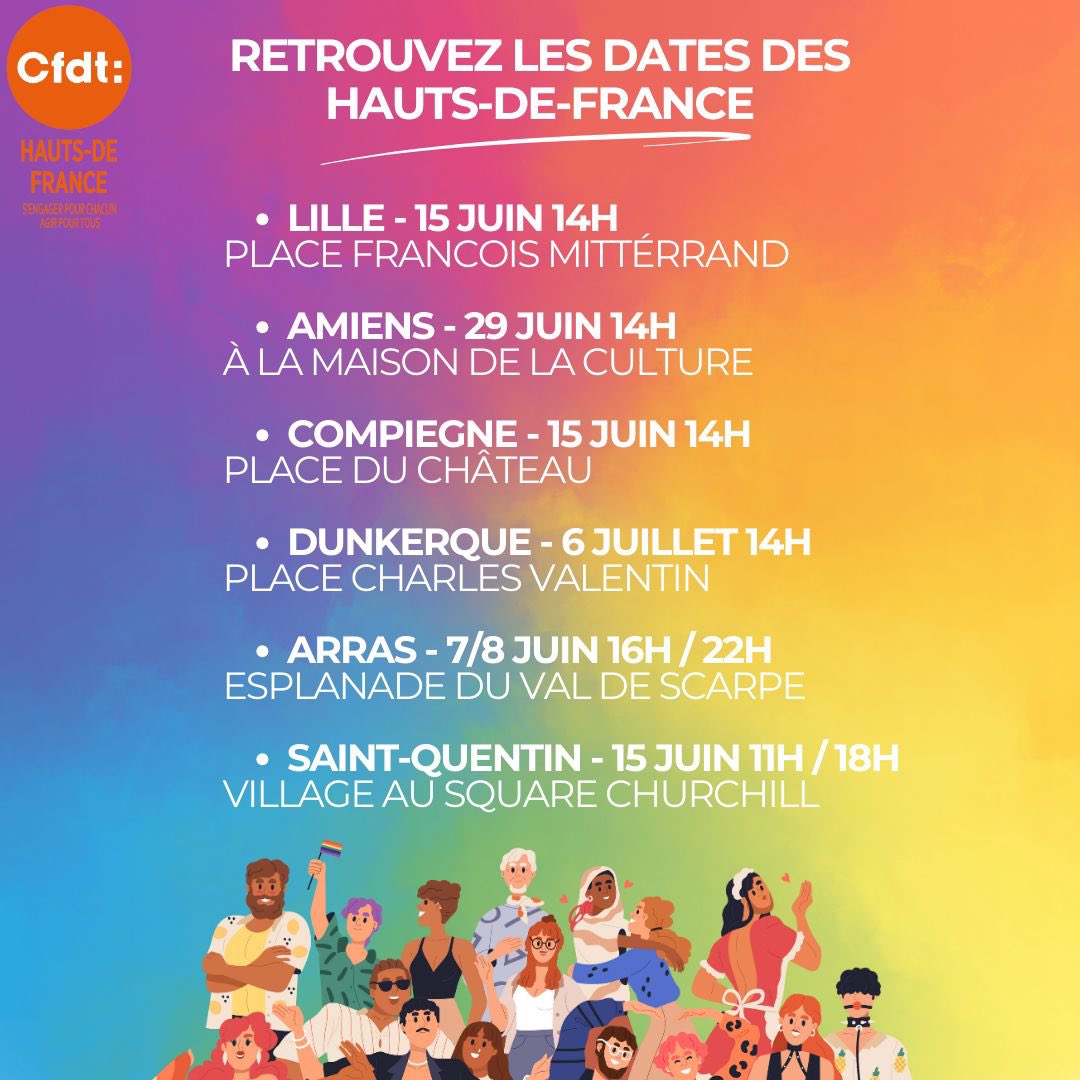 📣🌈 Rejoignez la CFDT pour célébrer la PRIDE dans les Hauts-de-France ! 🌈📣

👉 Rendez-vous dans votre ville pour soutenir la cause LGBTQIA+ et partager un moment de convivialité et de fierté avec la CFDT.

#CFDT #Pride2024 #LGBTQIA #Fierté #HautsDeFrance #Solidarité #Égalité