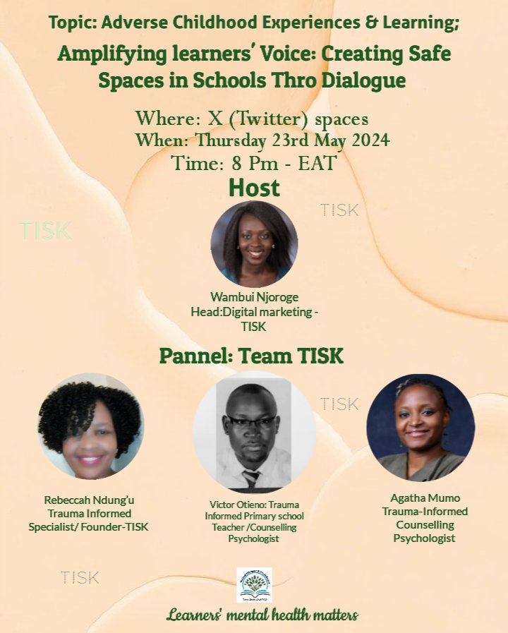 traumasch_kenya's tweet image. Healthy, trustworthy relationships btn teachers &amp;amp; learners are not possible without dialogue

Does self expression = indiscipline?
How then do teachers allow learners voice their concerns &amp;amp; needs?

Join TISK team this Thursday for the discussion

*Set a reminder
#ACEsandlearning