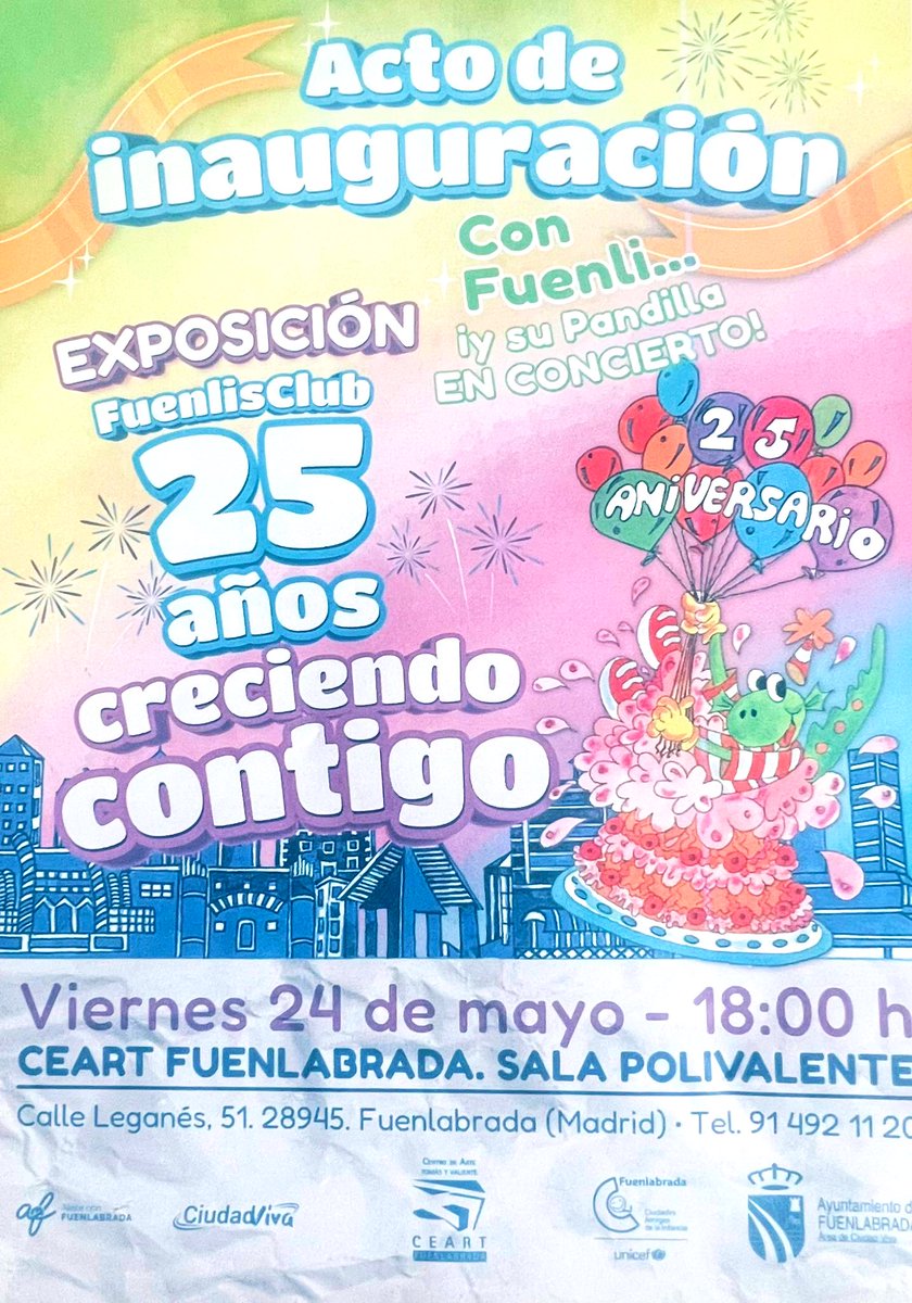 Acto de inauguración de la exposición <a href="/Fuenlisclub/">Fuenlisclub</a> 

“25 años Creciendo Contigo”

Este viernes a las 18.00h en la sala polivalente de <a href="/CEARTfuenla/">CEART Fuenlabrada</a> 

#CiudadViva
#Fuenlabrada