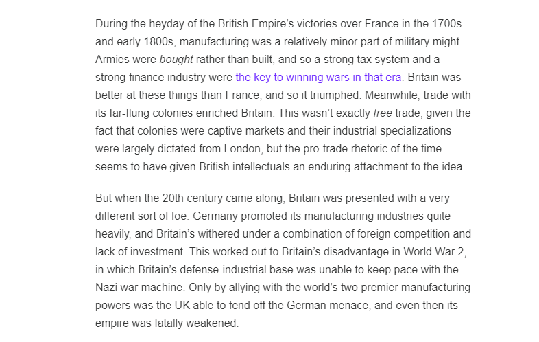 A generally interesting and good column from @Noahpinion, but he needs to (re)read @adam_tooze Wages of Destruction and @DEHEdgerton Rise and Fall of the British Nation UK industry did keep pace with Germany (from a much higher base, as big % of germans in agriculture)