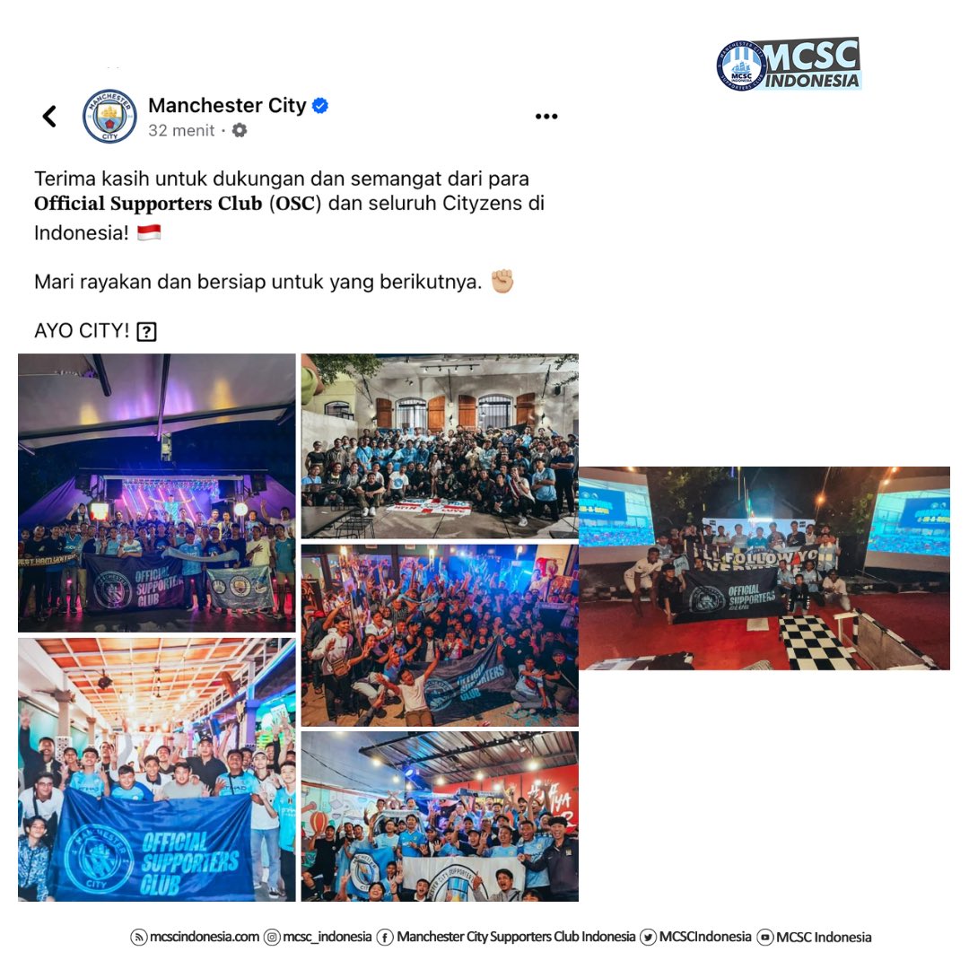 ke enam chapter MCSCI yang tergabung di Official Supporter Club Manchester City kembali menjadi perhatian @mancity , 

kali ini chapter" tersebut terpampang di halaman facebook official Manchester City, bangga deh, ayo yuk kita ramaikan terus kegiatan chapter"