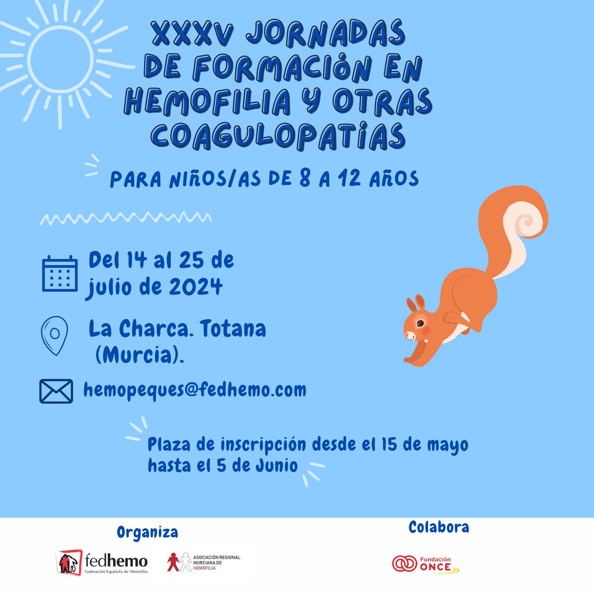INCRIPCIONES ABIERTAS #HemoPeques2024 🤝Colaboración de @Fundacion_ONCE Organiza @hemofiliamur y #Fedhemo Os esperamos ! acortar.link/VMZkhg #Campamentodeverano #mujeresconcoagulopatias #verano #Campamento #HemoPeques2024