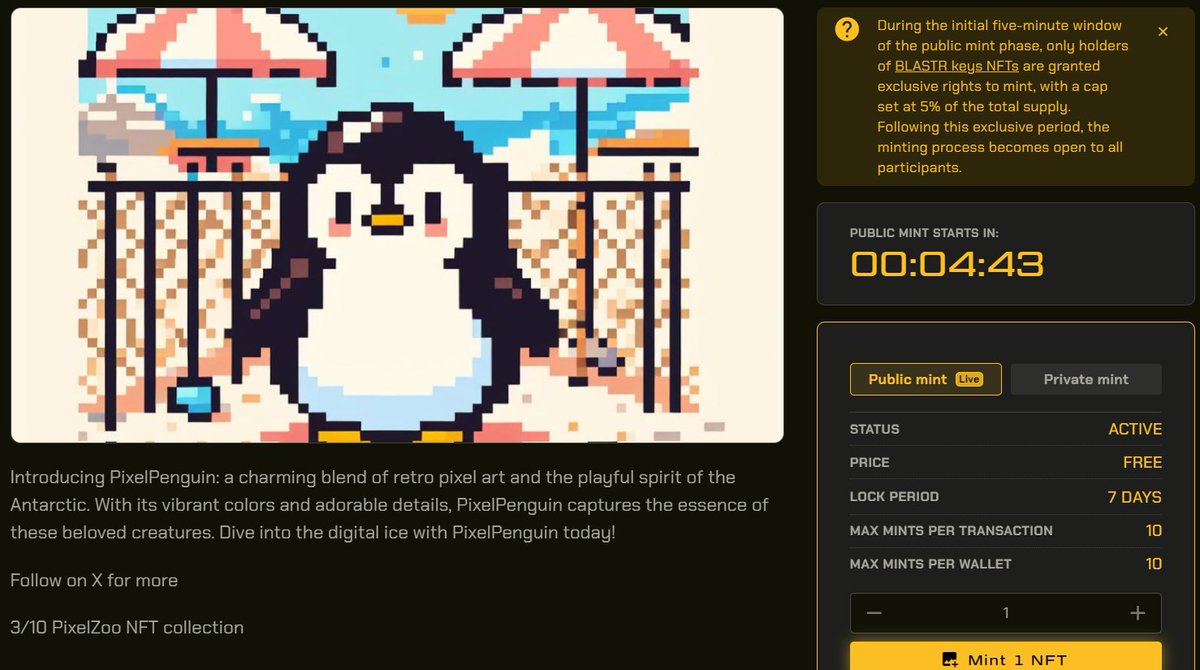 pxl_sts's tweet photo. PixelPenguin NFT launch in 5 minutes on @blastr_xyz
Mint for free and gain @Blast_L2 Gold
https://t.co/h8pyIVmHXK
#nftartiฬst #freemintnft #nftdrop #blastnft #blastgold https://t.co/UWLdkogCxL