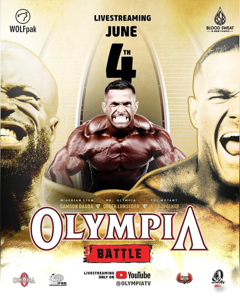 Olympia Battle is upon us with three of the biggest giants of the Open Category. Mr Olympia Derek Lunsford, Samson Dauda and Nick Walker. The event is brought to you by @WOLFpaktrust and presented by @bloodsweatbodywork