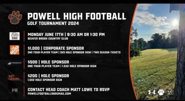 The annual PHS Football Golf Scramble is less than a month away! Contact @PowellCoachLowe to sign up your team or to sponsor part of the event. #WelcomeToTheJungle