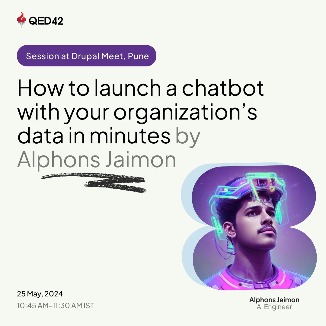 On May 25th, join us at #DrupalMeet, Pune where @alphons009 is leading a session on 'Launch a Chatbot with Your Organization's Data in Minutes.' #Drupal For more information on the meet 🔗 meetup.com/pune-drupal-gr…