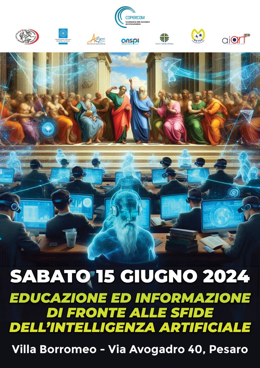 Copercom (@copercom) on Twitter photo Educazione e informazione di fronte alle sfide dell'IA
Il 15 giugno a Pesaro prima iniziativa pubblica del Progetto Mercurio promosso da Copercom con un convegno di <a href="/UcsiSocial/">Ucsi Social</a> insieme a <a href="/AiartOnlus/">Aiart</a>, <a href="/AC1868/">Azione Cattolica</a>, Age, <a href="/anspinazionale/">Anspi</a>, Aimc e <a href="/meter_onlus/">Associazione Meter</a>
tinyurl.com/5bru54vw Educazione e informazione di fronte alle sfide dell'IA
Il 15 giugno a Pesaro prima iniziativa pubblica del Progetto Mercurio promosso da Copercom con un convegno di <a href="/UcsiSocial/">Ucsi Social</a> insieme a <a href="/AiartOnlus/">Aiart</a>, <a href="/AC1868/">Azione Cattolica</a>, Age, <a href="/anspinazionale/">Anspi</a>, Aimc e <a href="/meter_onlus/">Associazione Meter</a>
tinyurl.com/5bru54vw