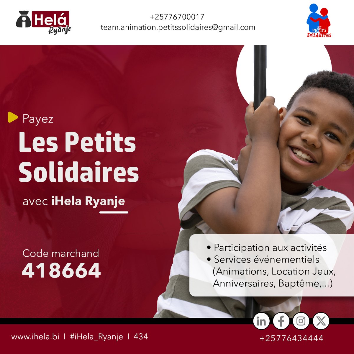 Parents, tuteurs, 
Au 'les petits solidaires' il est possible de payer avec iHela Ryanje. 

Un code marchand y est disponible. Il suffit de se connecter sur l'application. C'est rapide

#IhelaRyanje
#CashlessSociety
#TransactionsMadeEasy
#MobileMoney
#IhelaMerchantServices