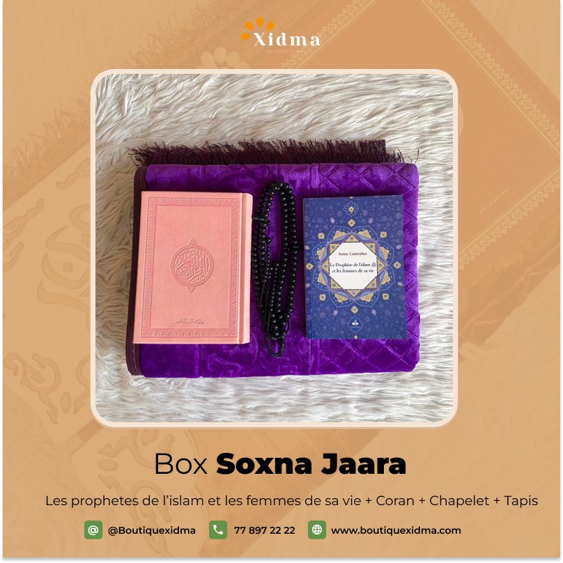 BXidma's tweet photo. Box SOXNA JAARA 💕 
• 
- Tapis 
- Coran 
- Les prophètes de l’Islam et les femmes de sa vie 
- Chapelet 

• 
🏷️ 32.000 frs 
🏬 Disponible en boutique 
🛵 Et en livraison 
☎️ 77 897 22 22 

• 
Achetez directement sur https://t.co/NzSrbf7dva https://t.co/Dd7K8Gu5xd
