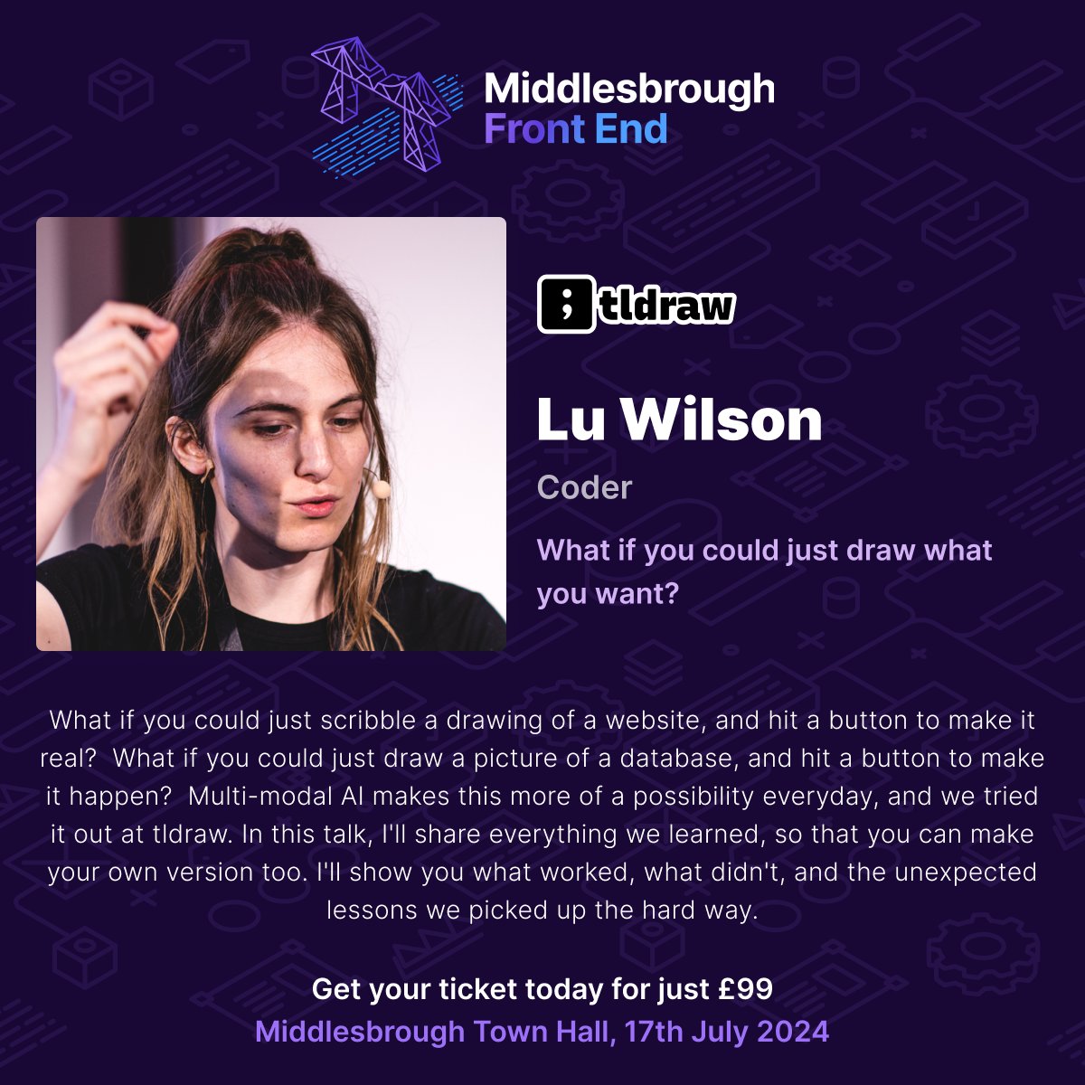 We're excited to announce that Lu Wilson (@TodePond) from @tldraw is joining the 2024 Conference Line up! We can't wait to hear Lu's talk 'What if you could just draw what you want?' 🎟️ Tickets just £99 👉 loom.ly/VjwjCks