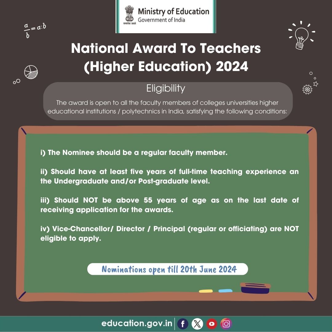Honouring Excellence in Higher Education! The Ministry of Education, Government of India, proudly announces the National Awards to Teachers (Higher Education) 2024. The award recognizes and honours the unique and path-breaking achievements of faculty members in
