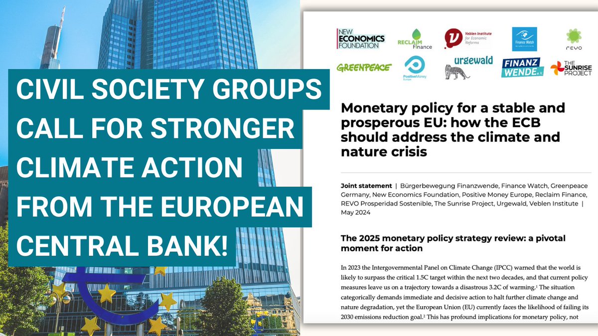 📣Today, we join forces with our partners to urge the #ECB to step up its #climate commitments.

As the @ECB meets for its strategic retreat in Ireland, we release a joint statement calling for greener monetary policies.🌱💶 positivemoney.eu/2024/05/civil-…