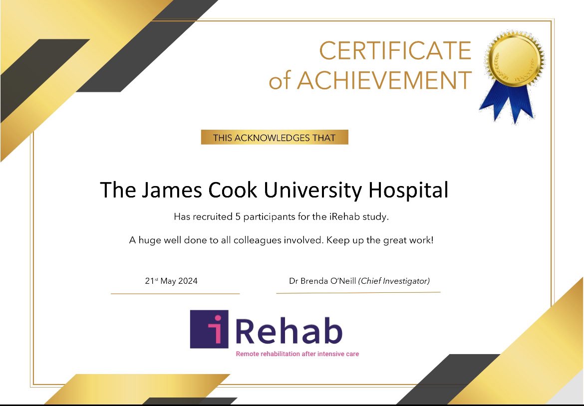 criticalcareresearchJCUH (@ccresearchjcuh) on Twitter photo iRehab certificate of achievement!
Well done to our delivery team for your ongoing efforts at recruiting into this fantastic study <a href="/iRehabTrial/">iRehabTrial</a> iRehab certificate of achievement!
Well done to our delivery team for your ongoing efforts at recruiting into this fantastic study <a href="/iRehabTrial/">iRehabTrial</a>