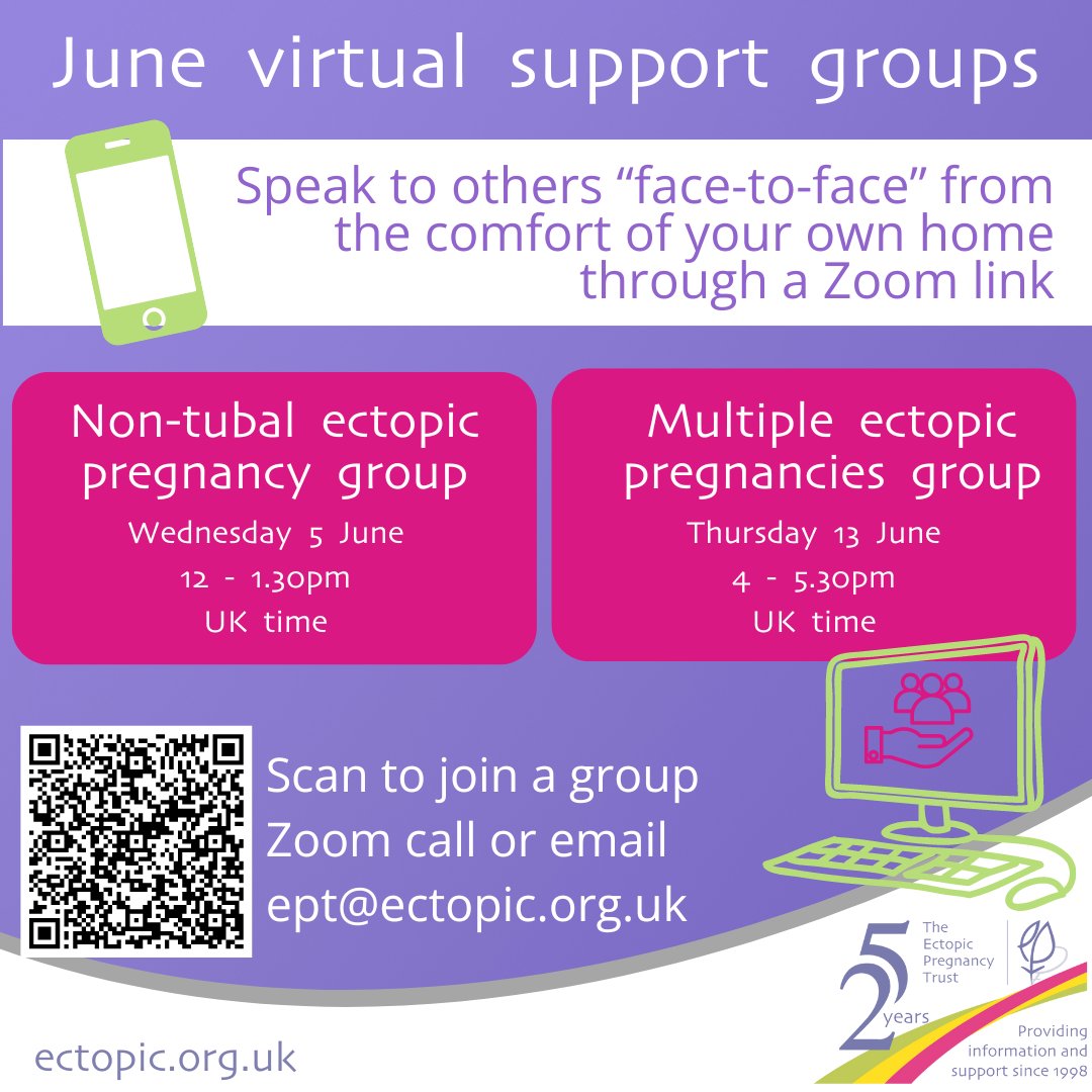 There are spaces remaining on our June virtual support groups; Wednesday 5 June, 12 - 1.30pm UK time, for anyone that has experienced a non-tubal ectopic pregnancy, and Thursday 13 June, 4 - 5.30pm UK time, for anyone that has experienced multiple ectopic pregnancies.