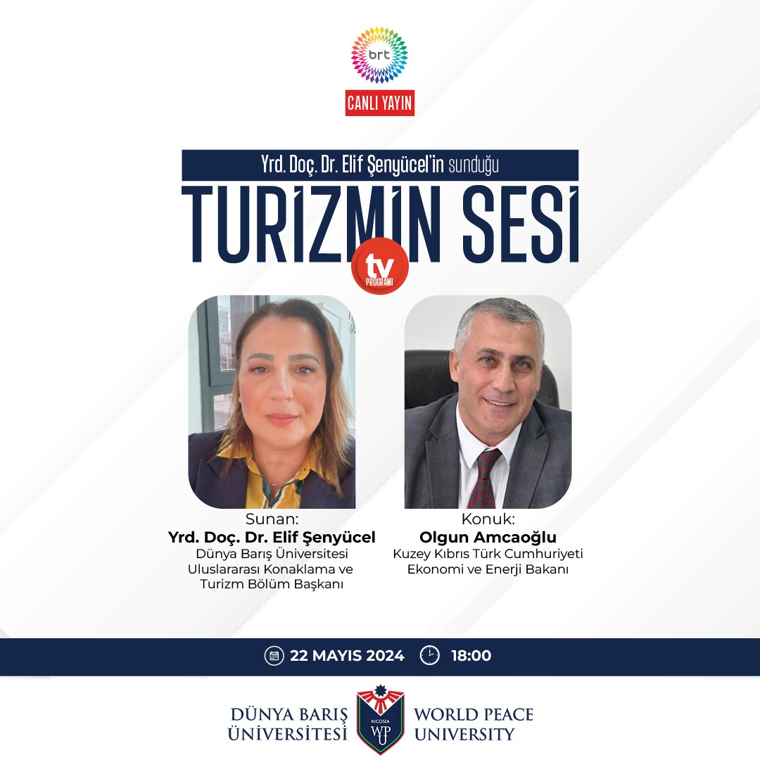 wpu_official's tweet photo. Dünya Barış Üniversitesi, Uluslararası Konaklama ve Turizm İşletmeciliği Bölüm Başkanı Yrd. Doç. Dr. Elif Şenyücel’in sunduğu “Turizmin Sesi” programının bu haftaki konuğu, Ekonomi ve Enerji Bakanı Olgun Amcaoğlu.

Program 22 Mayıs Çarşamba günü saat 18.00’da BRT’de. https://t.co/oVJ24UfQVi